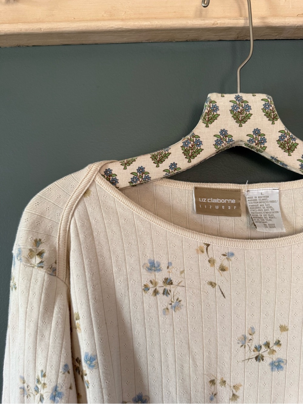Liz Claiborne lizwear 90s pointelle cottagecore Cream Floral Long-Sleeve Sz L - Picture 3 of 8